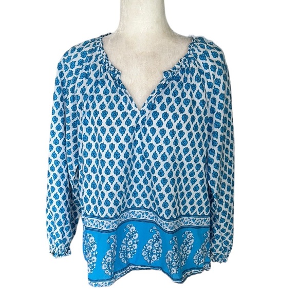 J. Crew Blue & White Block Floral Paisley Print Boho Popover Top - M - Picture 6 of 16